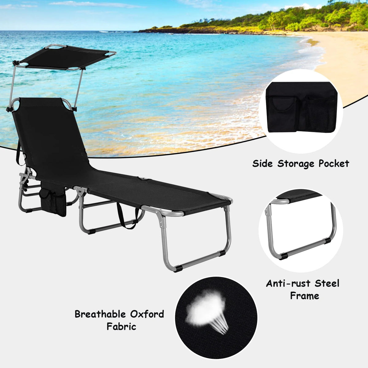 Beige Foldable Lounge Chair with Sun Shade K4114