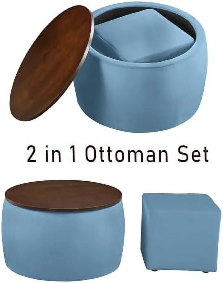 Round Ottoman Set 2 in 1 Coffee Table with Wood Cover and Square Ottoman B482728