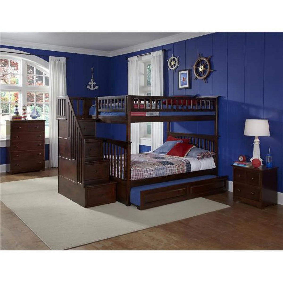 Antique Walnut Full Over Full Size Bunkbed with Trundle Bed W341804