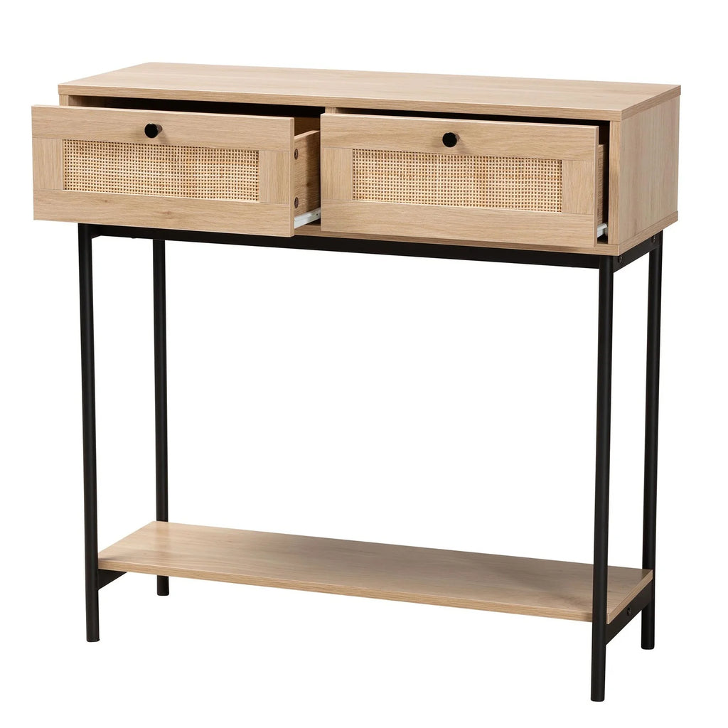 Brown and Black 2-Drawer Console Table with Rattan Accent I223158