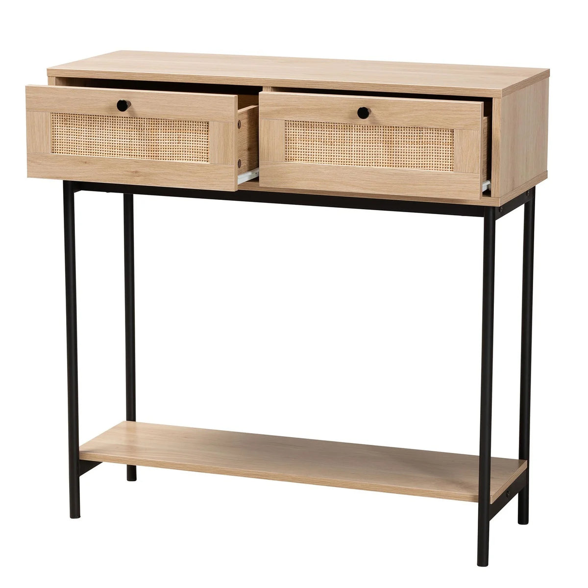 Brown and Black 2-Drawer Console Table with Rattan Accent I223158
