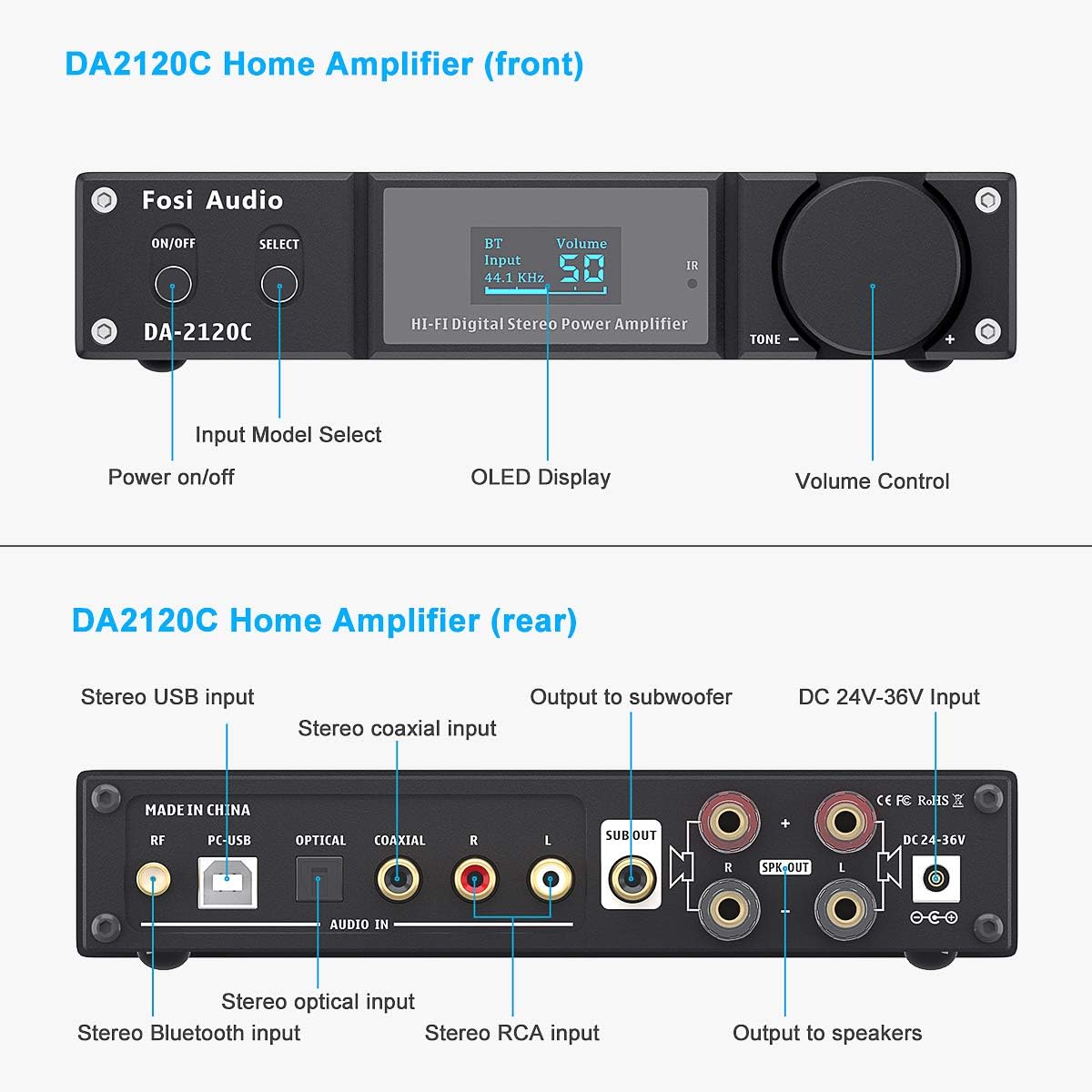 Bluetooth 5.0 Stereo Amplifier 240W 2.1 Channel Class D Compact Mini Power Amp C625