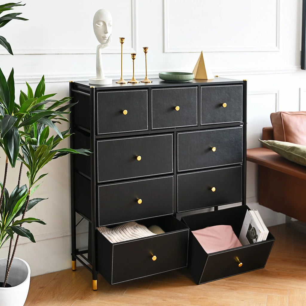 Black 9 Drawer Fabric Dresser with PU Leather Wooden Top G108