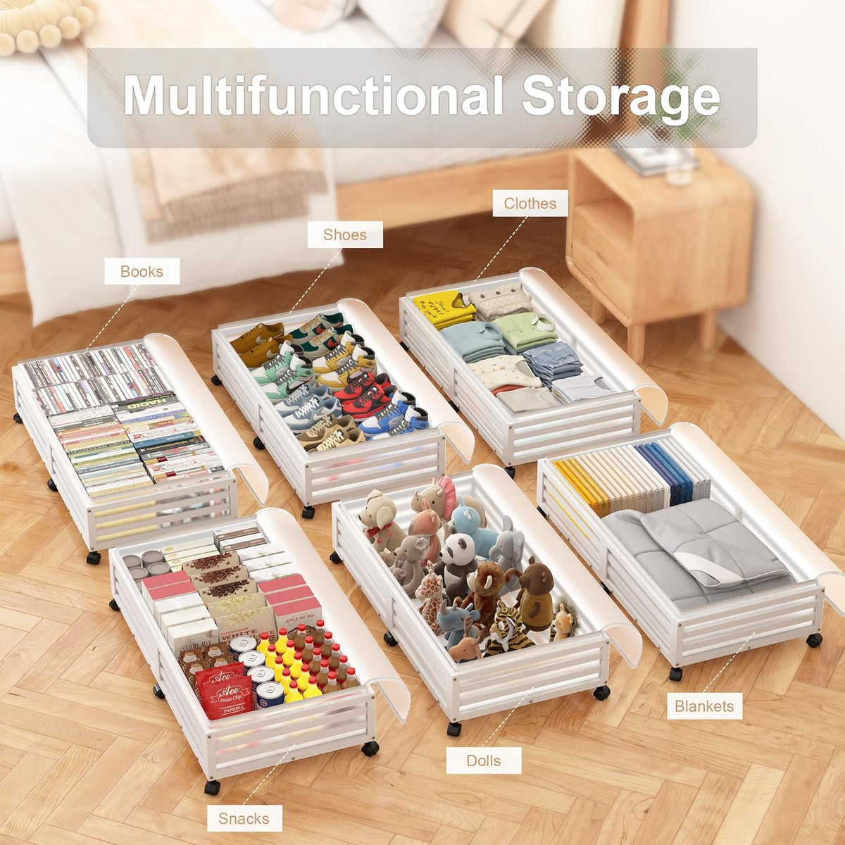 2 Pcs White Bamboo Wood Rolling Storage Bins With Wheels Y929449