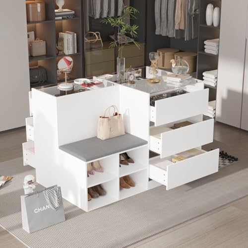 White Glass Armoire Wardrobe with 9 Drawers Q878282