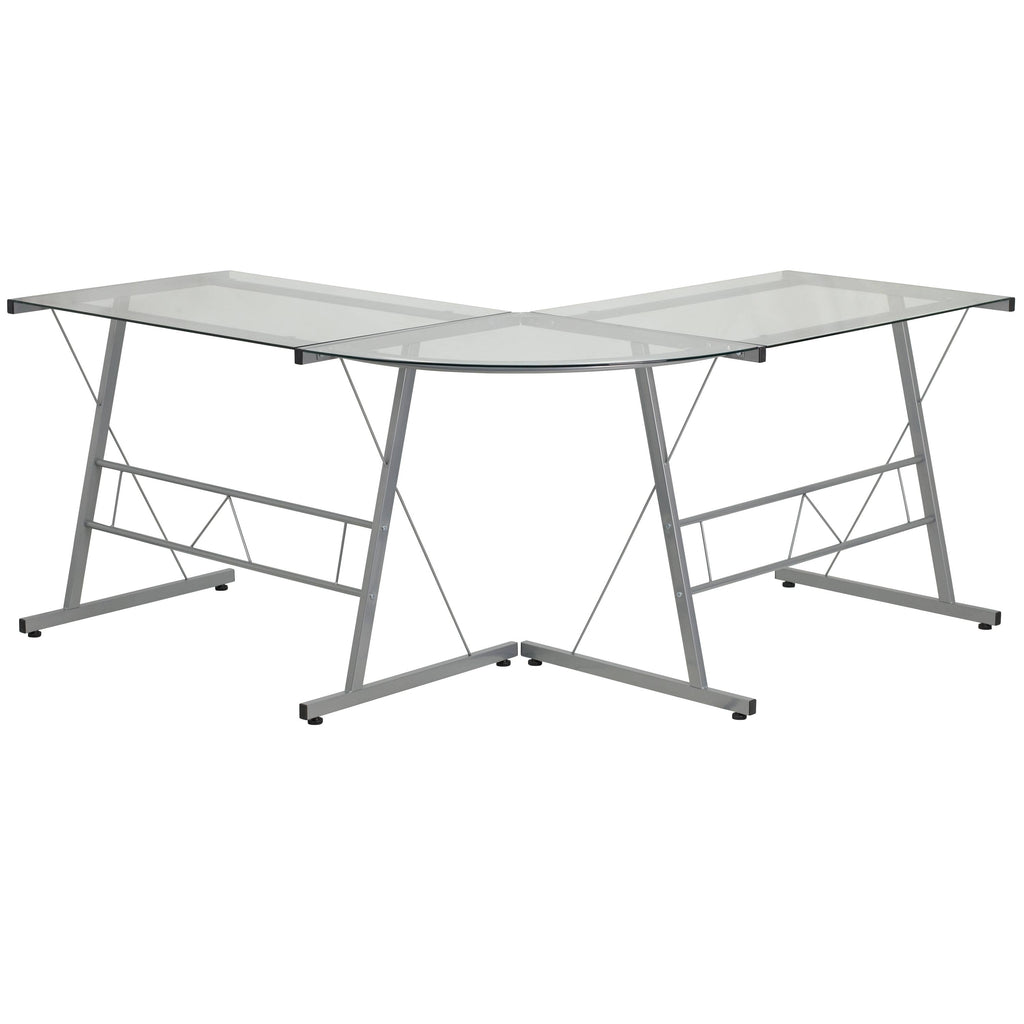 L-Shaped Clear Glass and Metal Corner Desk N6981