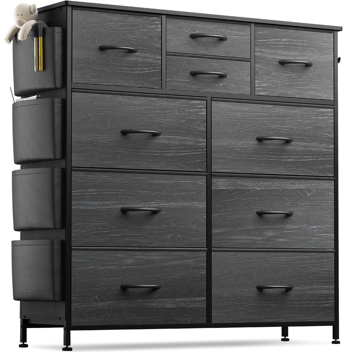 Black 10 Drawer Fabric Dresser with Wood Top G6790