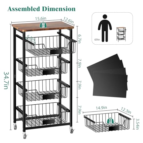 4-Tier Rolling Storage Cart with Pull-Out Baskets and Wood Top F852