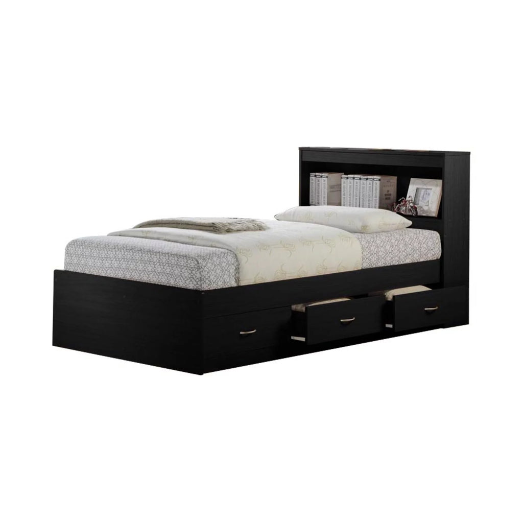 Twin Size Captain Bed with 3 Drawers and Headboard in Black Wood W4487