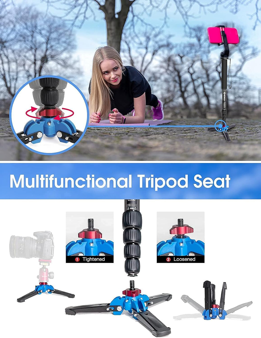 Carbon Fiber Camera Monopod with Removable Base, 5-Section Leg 65” Max. Height J900