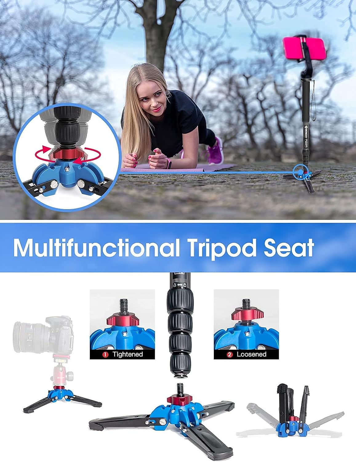 Carbon Fiber Camera Monopod with Removable Base, 5-Section Leg 65” Max. Height J900