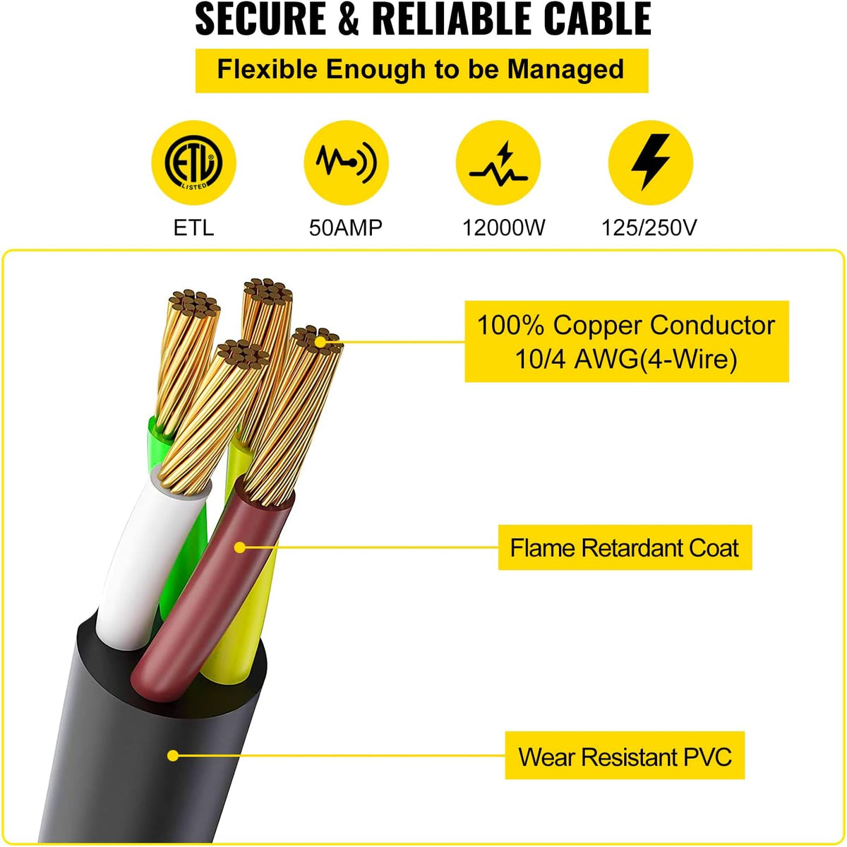 50 Feet 50AMP ETL Listed 125/250V Generator Power Cord G776