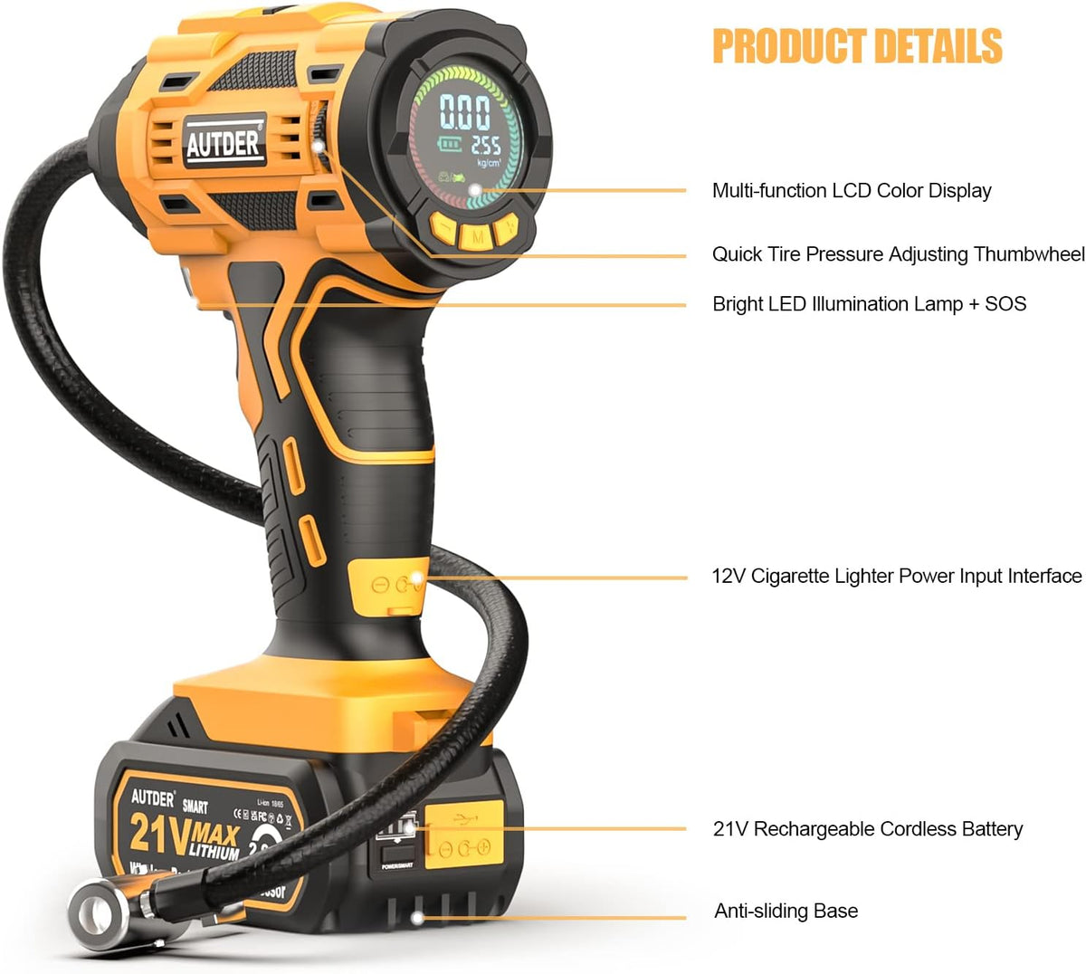 21V Cordless Tire Inflator Air Compressor with Digital Pressure Gauge, 180PSI, Pack of 2 Y858