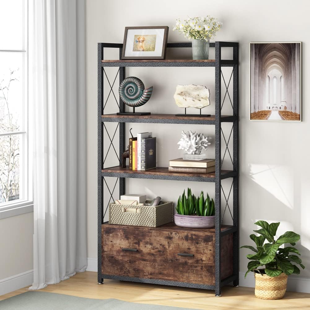 Freestanding Lateral Filing Cabinet with Drawer and Open Storage Shelves U8562