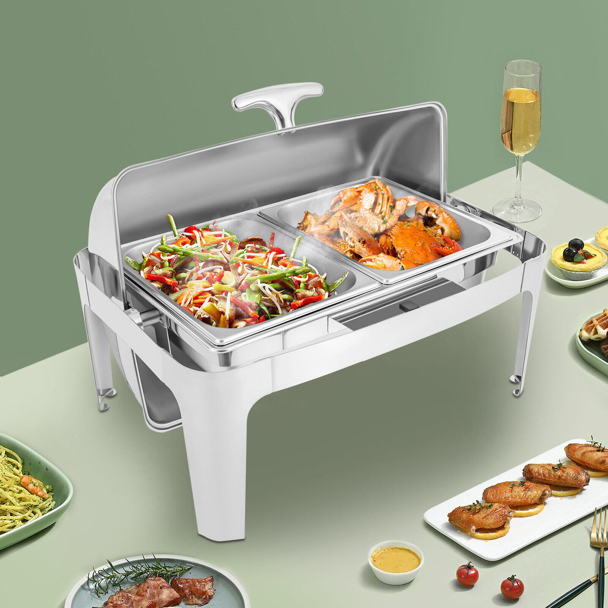 Silver Stainless Steel Chafer Buffet Chafing Dish Set Roll Top Food Warmer E783