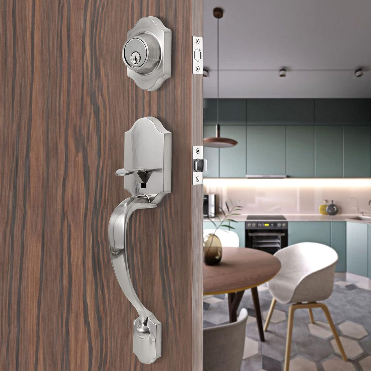 Satin Nickel Double Door Lock Set with Deadbolt and Lever Handle X660011