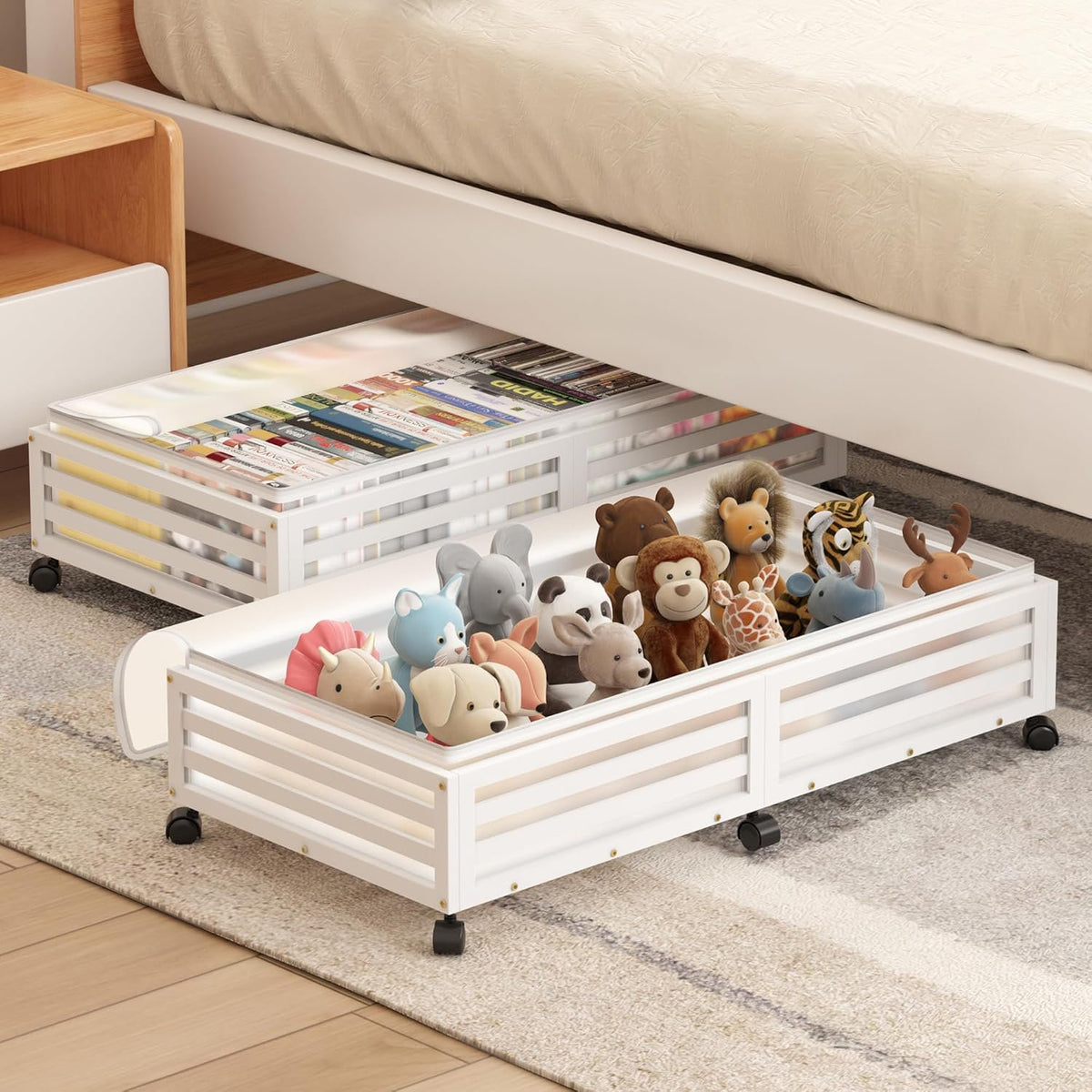 2 Pcs White Bamboo Wood Rolling Storage Bins With Wheels Y929449