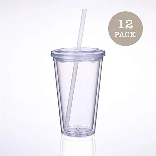 16 oz Double Wall Tumbler 12-Pack with Lid & Straw V40663