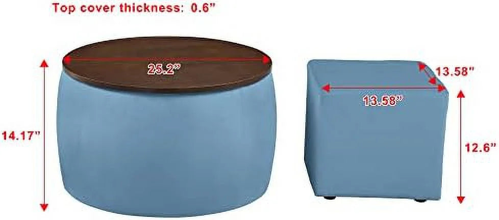 Round Ottoman Set 2 in 1 Coffee Table with Wood Cover and Square Ottoman B482728
