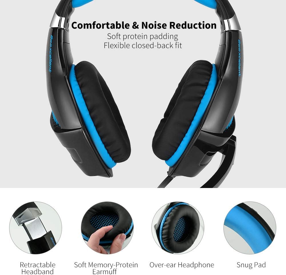 Gaming Headset with Noise Cancelling Mic, LED Light, Memory Earmuffs (Black & Blue) H922613