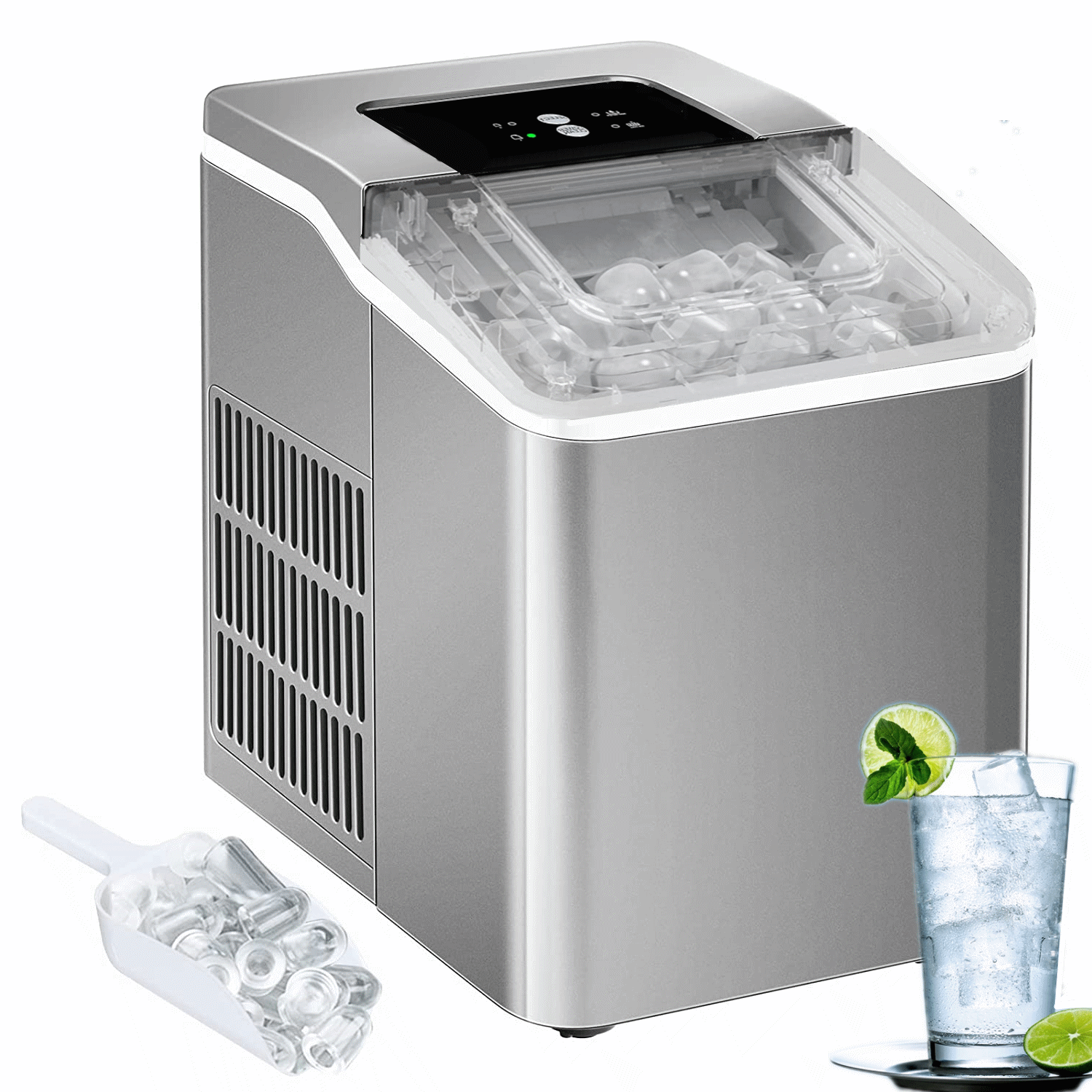 2 Ice Size Ice Maker Machine Countertop, 28 lbs in 24 Hrs, 9 Cubes Ready in 5 Mins, Self-clean, 2 L, Silver H191