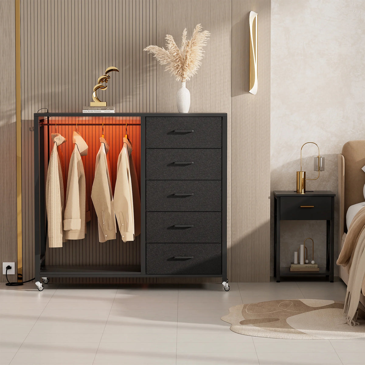 White 5 Drawer Dresser with Clothes Rack M236