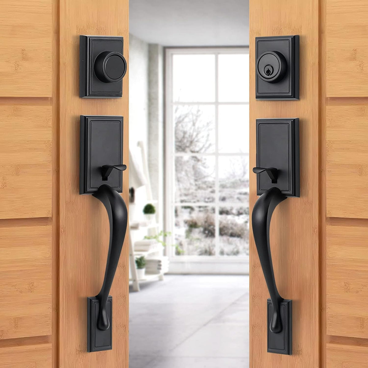 Satin Nickel Double Door Lock Set with Deadbolt and Lever Handle X660011