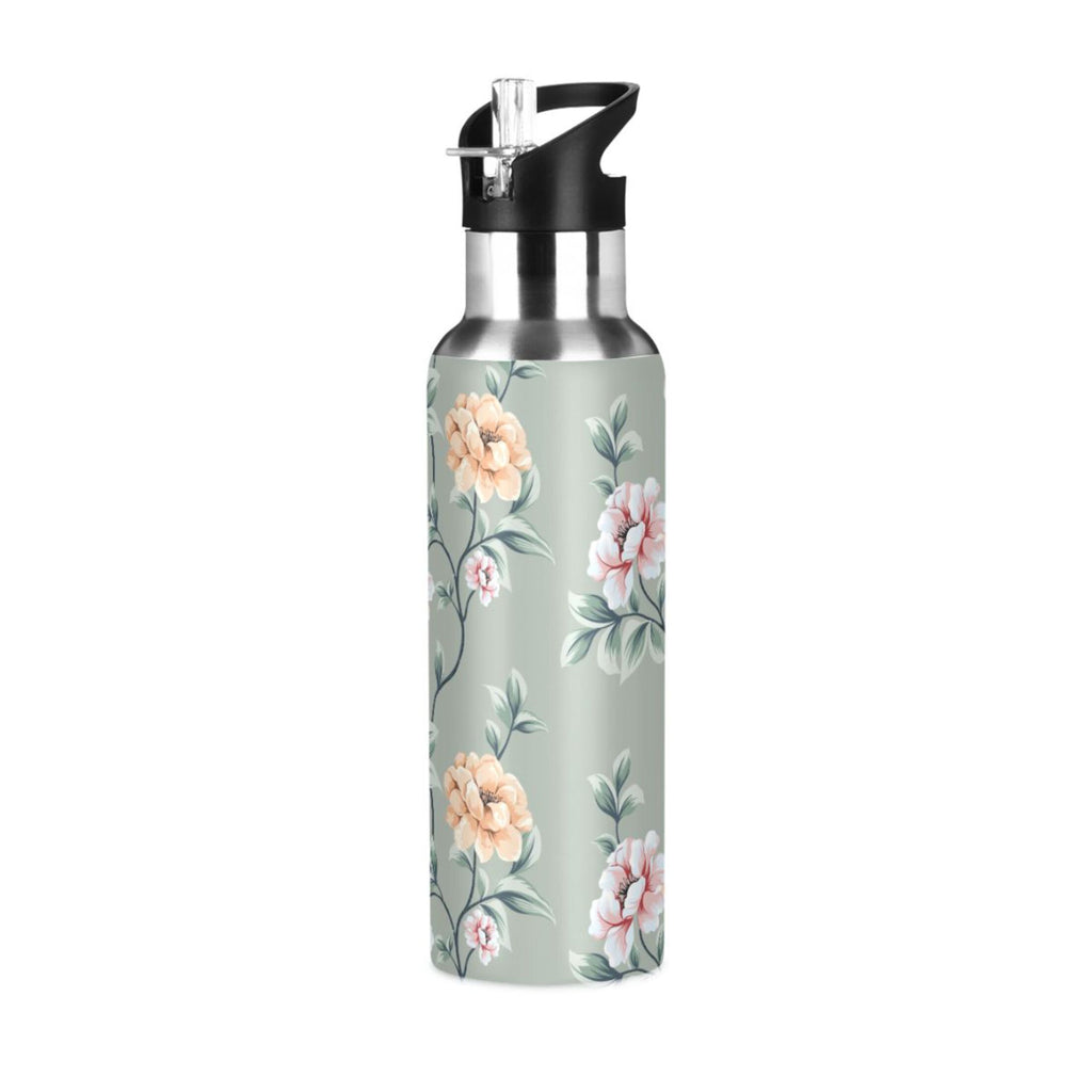 Pink Flowers Stainless Steel Insulated Water Bottle with Straw Lid A35844