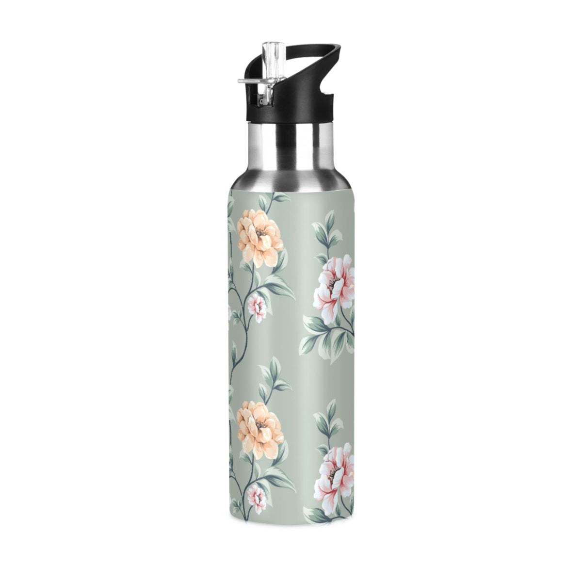 Pink Flowers Stainless Steel Insulated Water Bottle with Straw Lid A35844