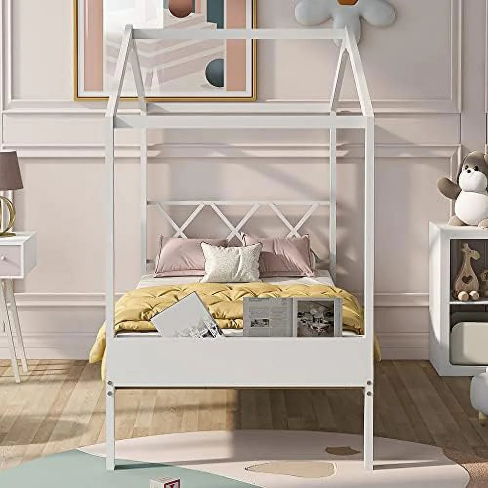 Twin Size Wood House Bed with Desk and Roof A50896