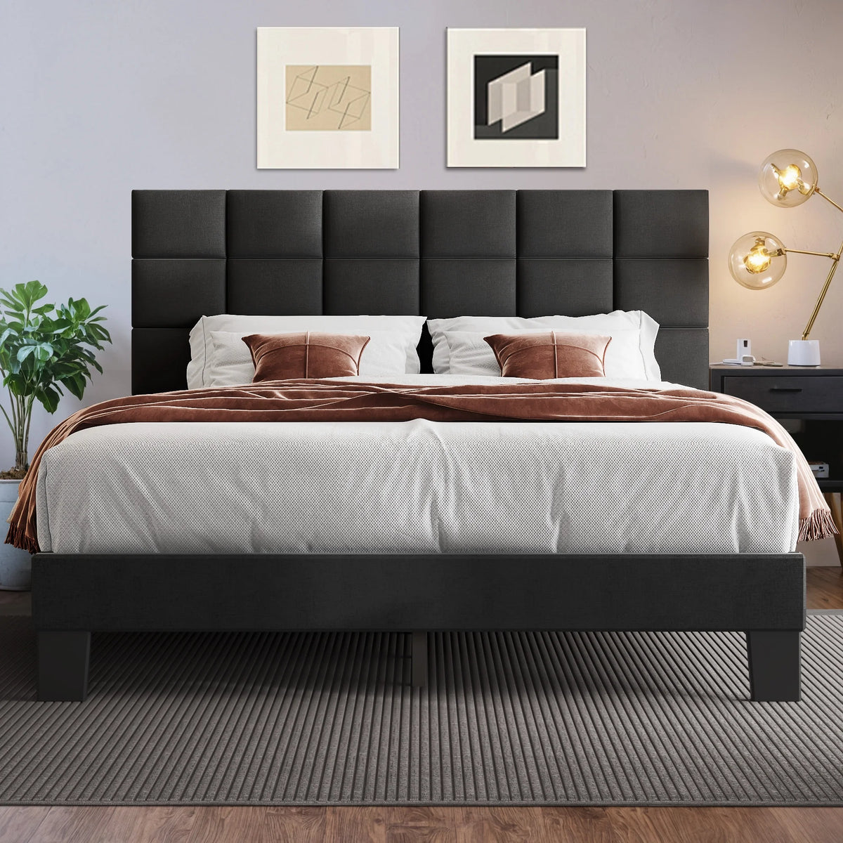 Queen Size Upholstered Bed Frame with Adjustable Headboard Q944