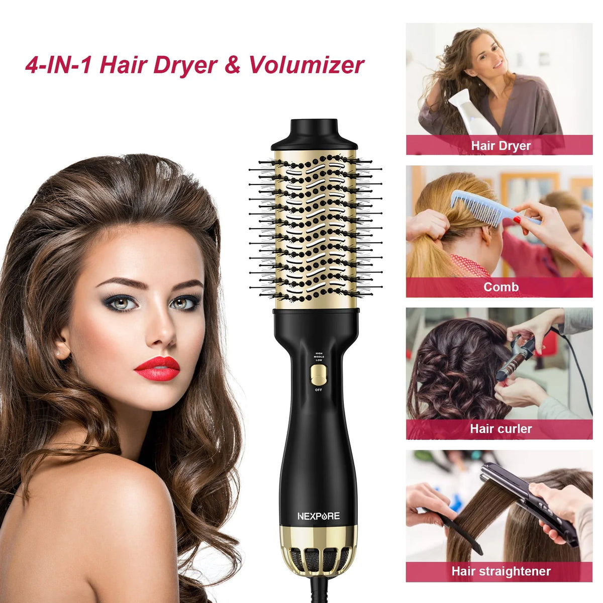 4 in 1 Hair Dryer Brush with Negative Ion Ceramic Titanium Barrel C806