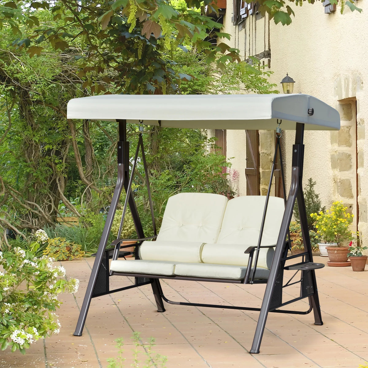 Beige 2-Person Patio Swing Bench with Canopy J3407