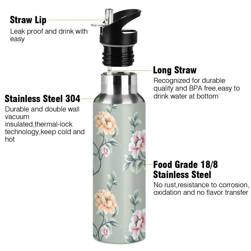 Pink Flowers Stainless Steel Insulated Water Bottle with Straw Lid A35844
