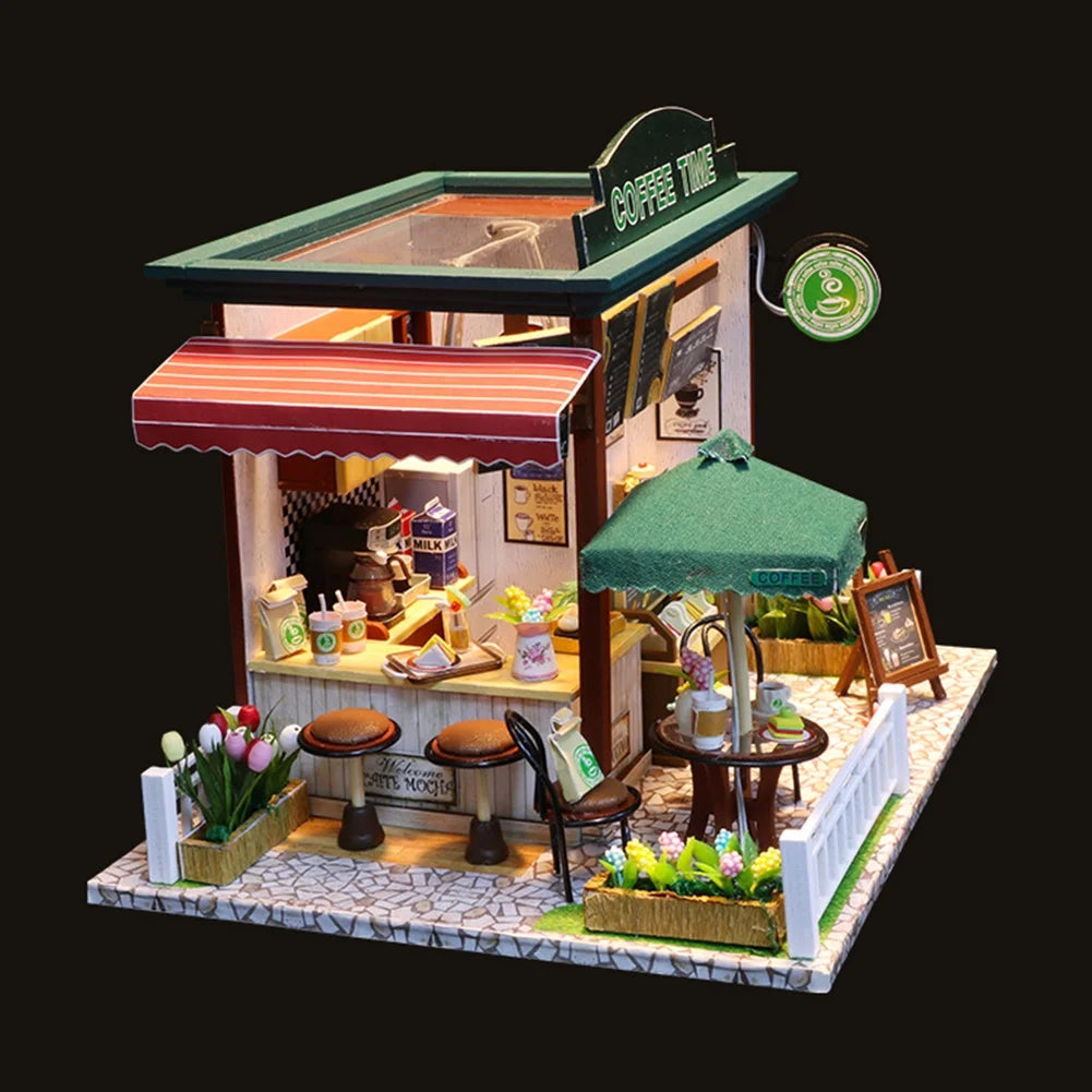 Miniature LED Coffee Store Doll House Model Toy D3528