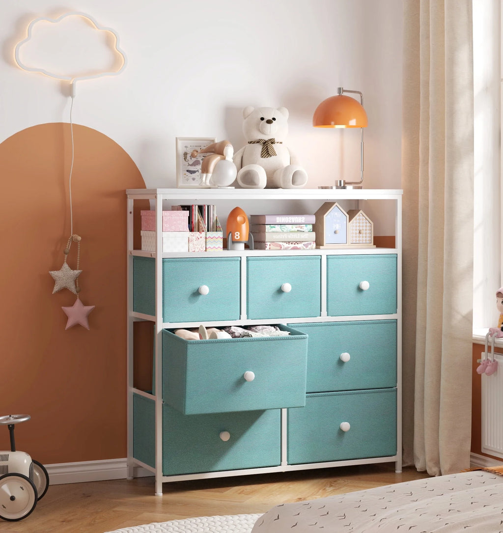 Pink 7 Drawer Fabric Dresser with Wood Shelves U30072