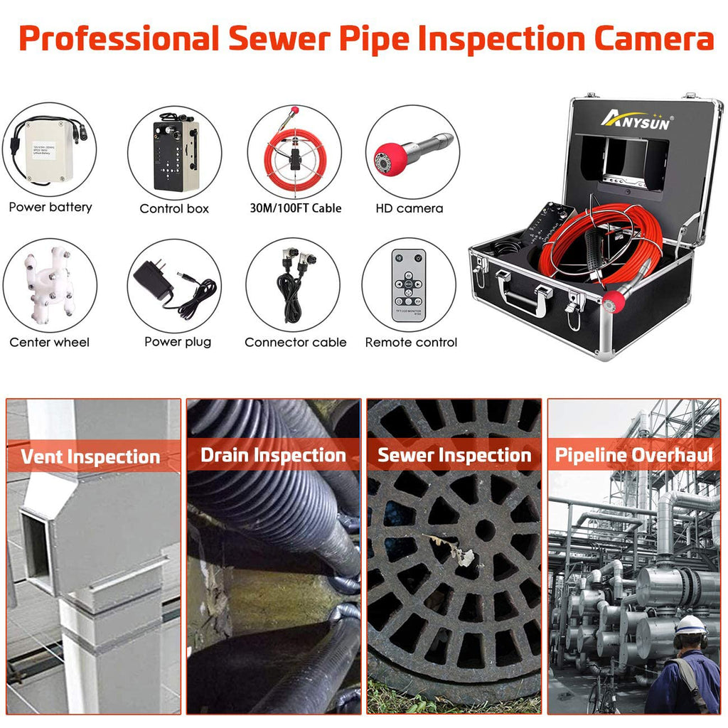 100ft Sewer Camera with Distance Counter DVR 7 inch LCD Monitor IP68 K512040