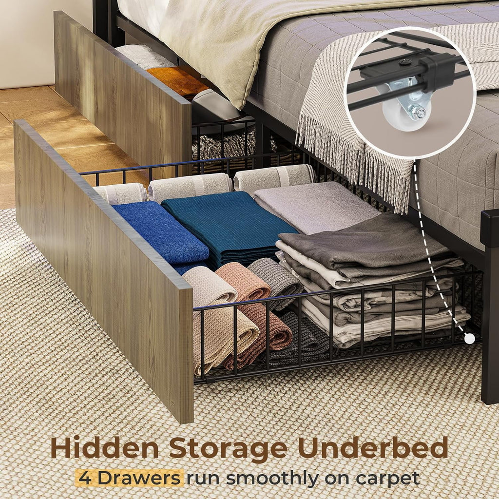 Queen Size Metal Platform Bed Frame with Storage Headboard and 4 Drawers W635