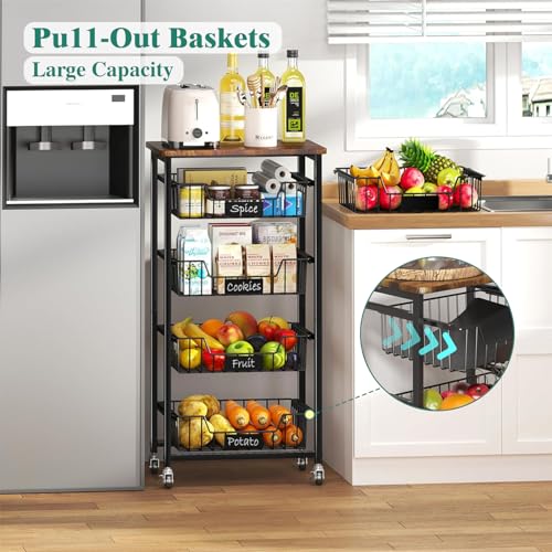 4-Tier Rolling Storage Cart with Pull-Out Baskets and Wood Top F852