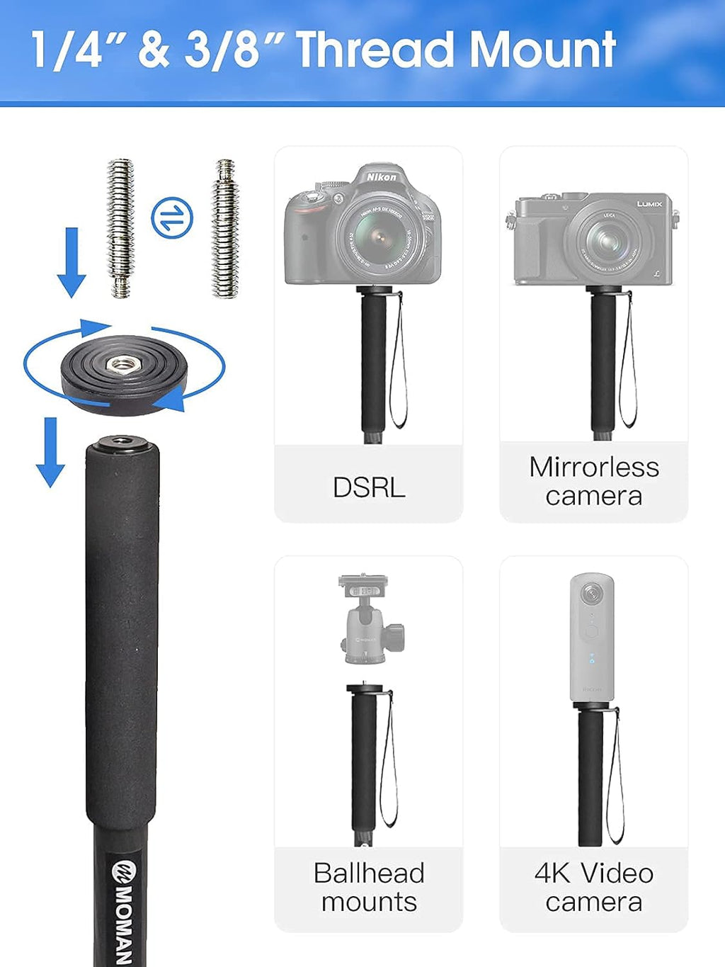 Carbon Fiber Camera Monopod with Removable Base, 5-Section Leg 65” Max. Height J900