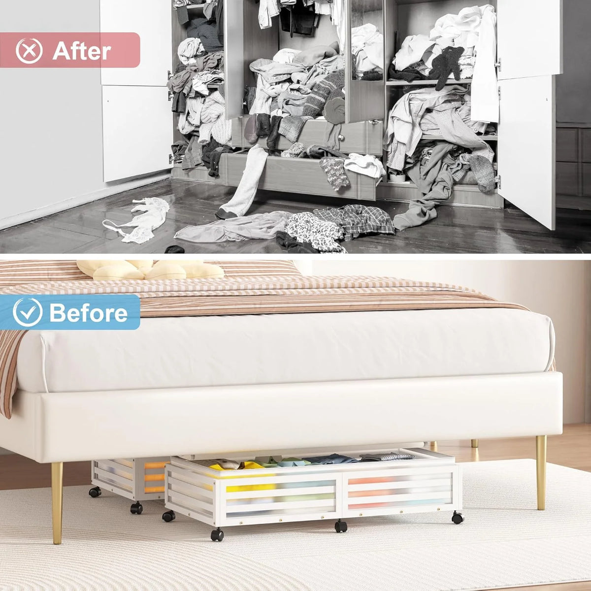 2 Pcs White Bamboo Wood Rolling Storage Bins With Wheels Y929449