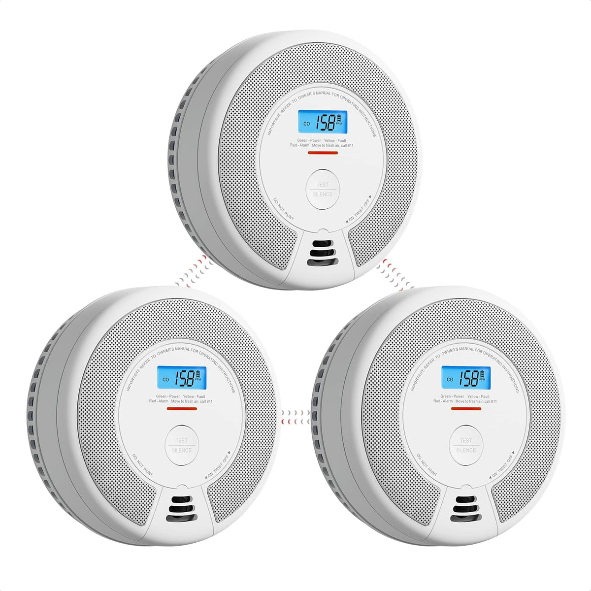 Wireless Interconnected Combination Smoke and Carbon Monoxide Detector with LCD Display, Pack of 3 J507603