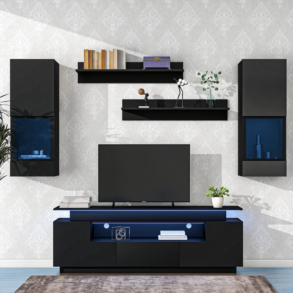 Black 5 Pieces Wall Mounted TV Stand with LED Light Strips E395
