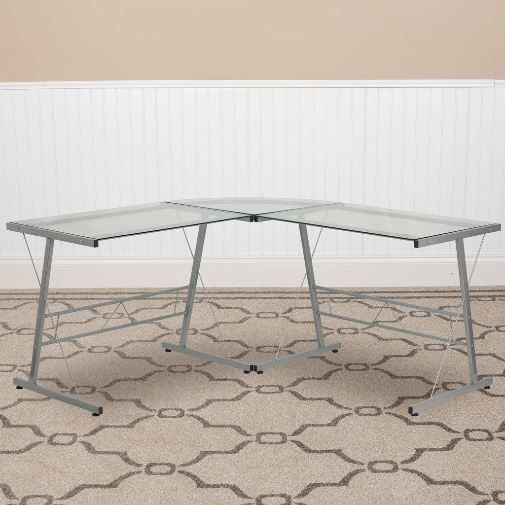 L-Shaped Clear Glass and Metal Corner Desk N6981