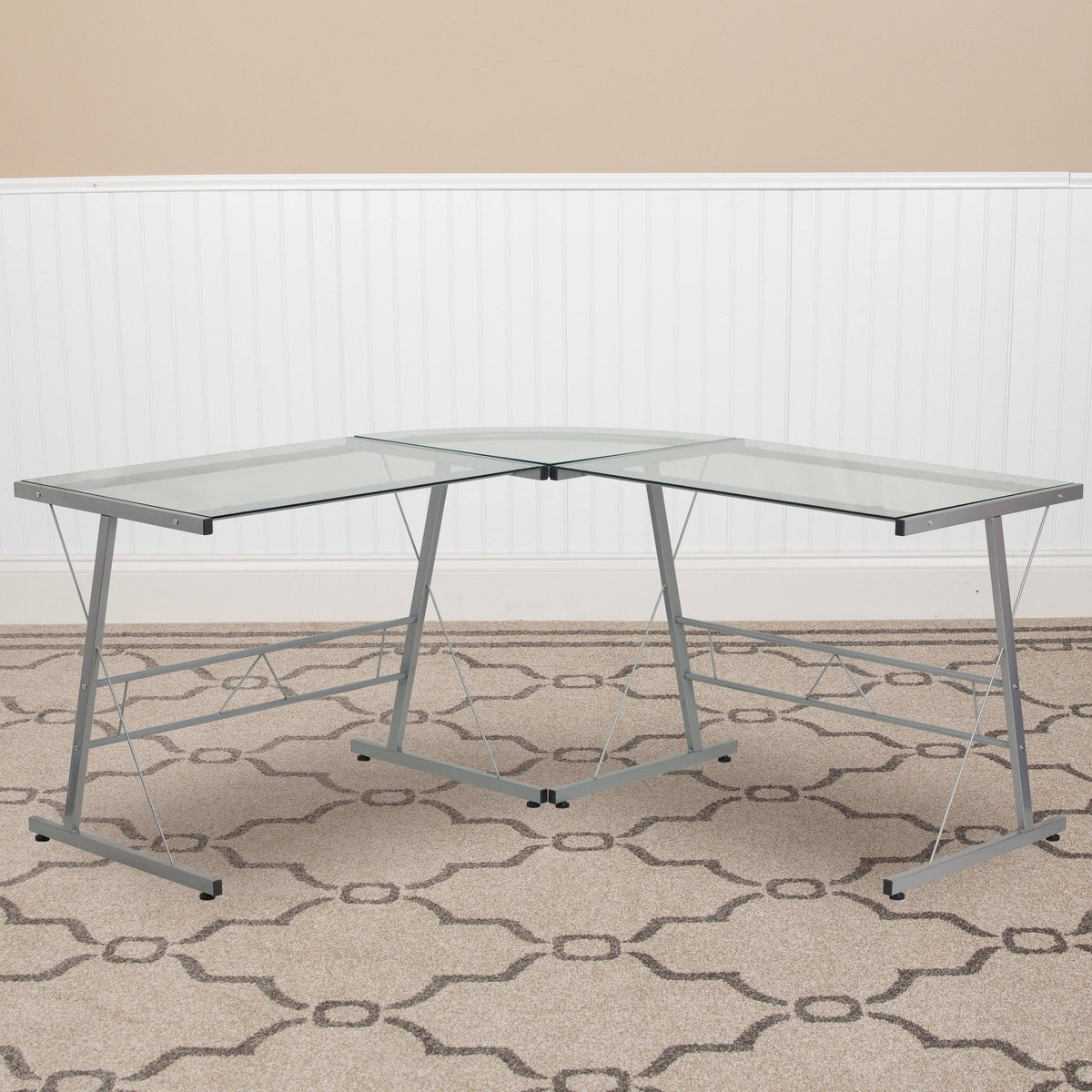 L-Shaped Clear Glass and Metal Corner Desk N6981