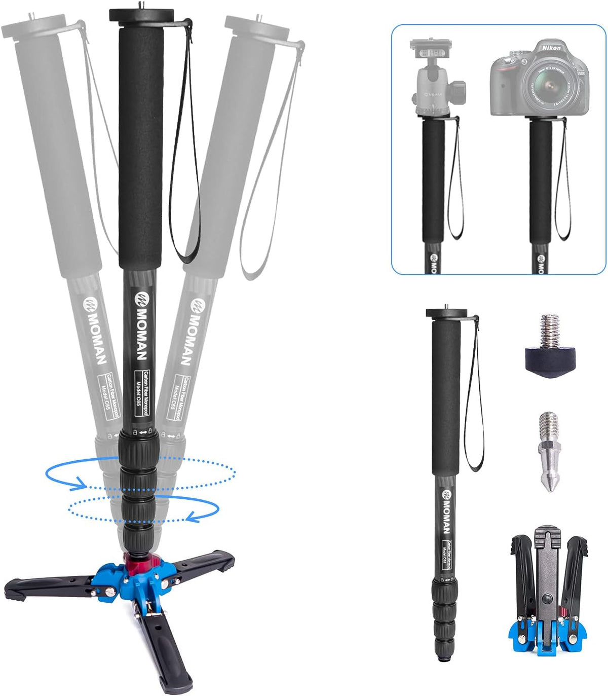 Carbon Fiber Camera Monopod with Removable Base, 5-Section Leg 65” Max. Height J900