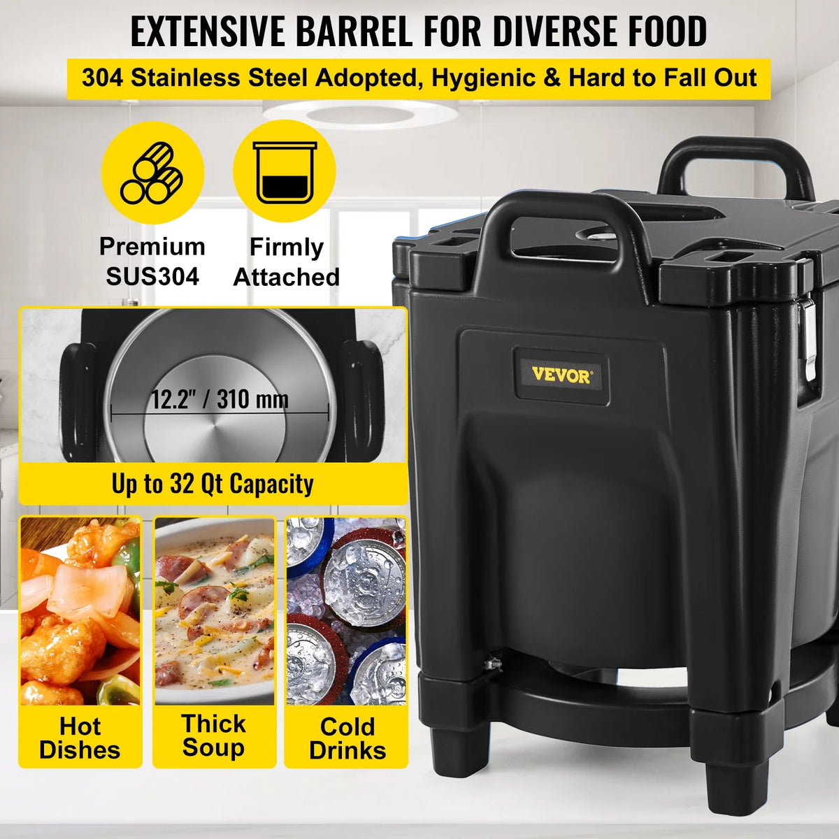Black 32Qt Insulated Stackable Food Carrier with Stainless Steel Barrel L928