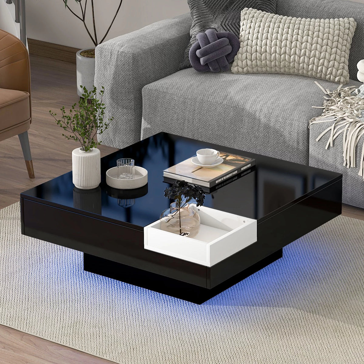 Square Coffee Table with Detachable Tray and LED Strip Lights A3910