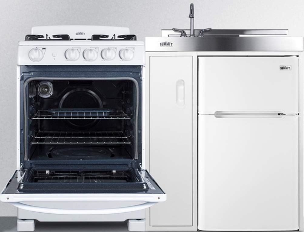 54" Wide All-in-One Kitchenette with 4-Burner Gas Range, Refrigerator-Freezer, Sink, Cutting Board and Storage Cabinet K3074