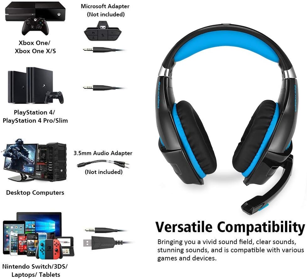Gaming Headset with Noise Cancelling Mic, LED Light, Memory Earmuffs (Black & Blue) H922613
